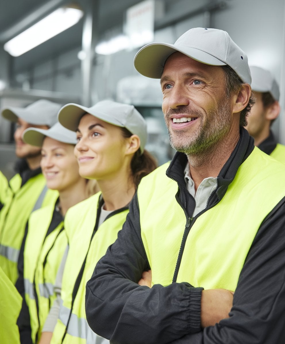 Deux travailleurs souriants portant des gilets de sécurité jaunes